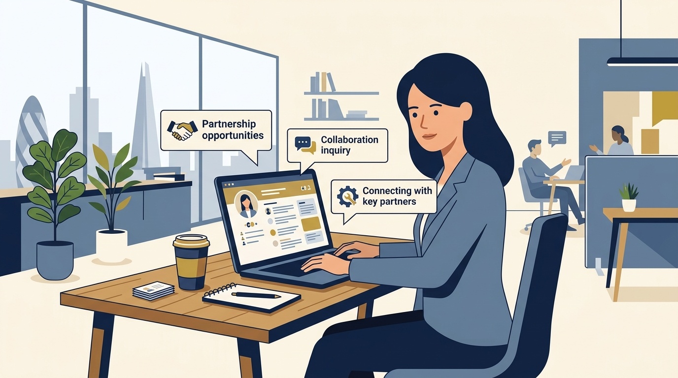 Flat vector editorial illustration of a business founder managing professional networking and B2B partnerships on LinkedIn