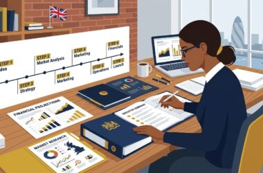Flat vector editorial illustration of a UK entrepreneur assembling a 7-step commercial business plan with financial projections