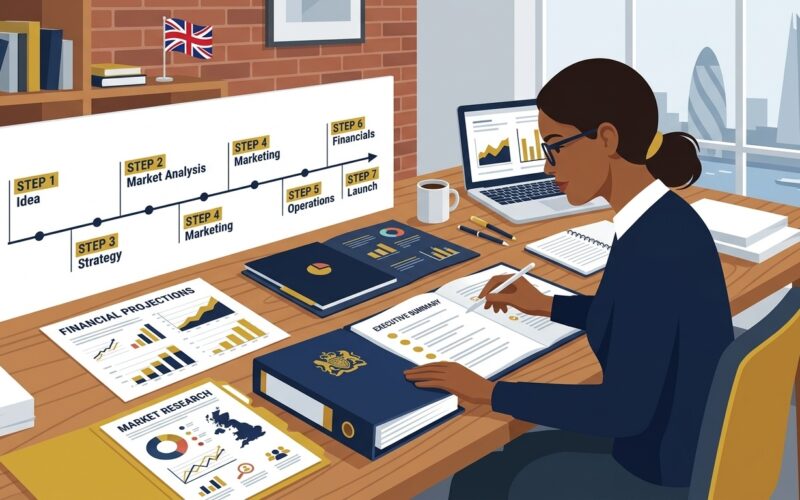 Flat vector editorial illustration of a UK entrepreneur assembling a 7-step commercial business plan with financial projections