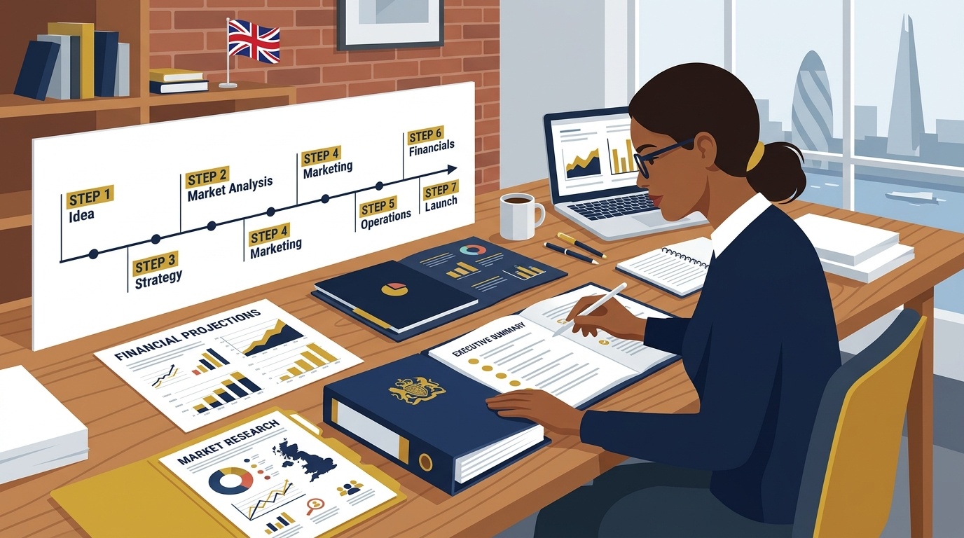 Flat vector editorial illustration of a UK entrepreneur assembling a 7-step commercial business plan with financial projections