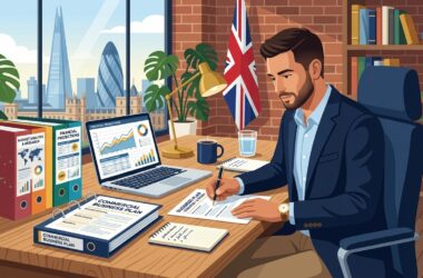 UK entrepreneur drafting a business plan with financial projections