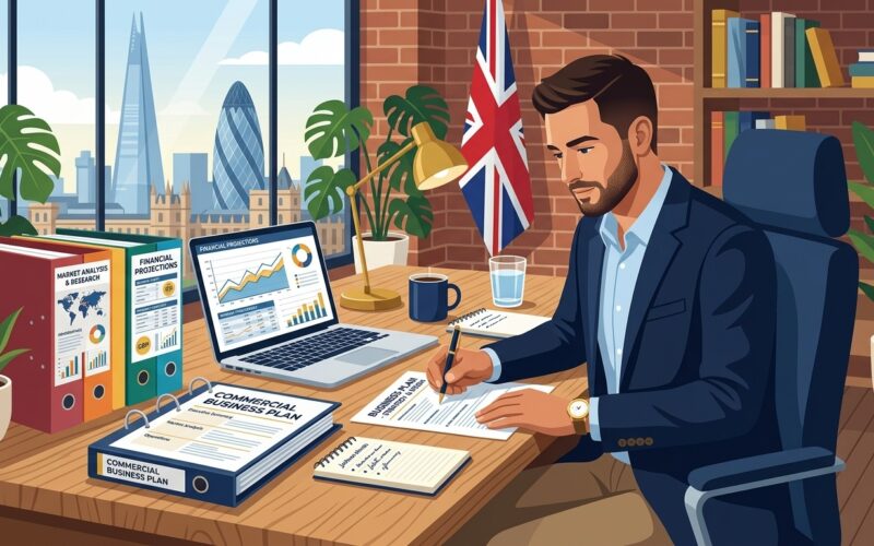 Flat vector editorial illustration of a UK entrepreneur drafting a commercial business plan with financial projections
