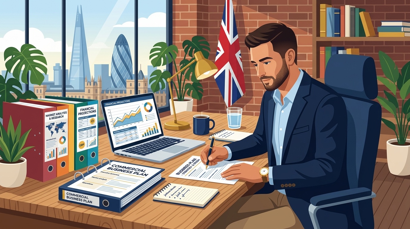 Flat vector editorial illustration of a UK entrepreneur drafting a commercial business plan with financial projections