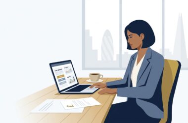 Instant business loan UK guide showing a British entrepreneur reviewing digital commercial lending options on laptop with pound sterling finance charts