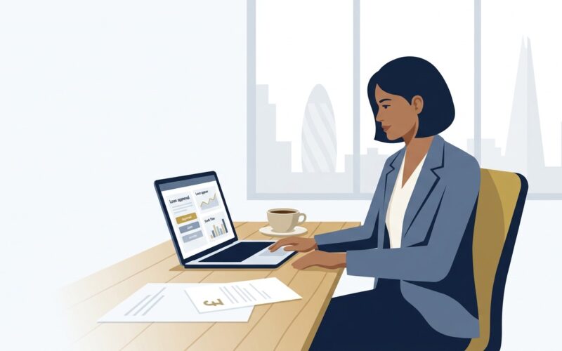 Instant business loan UK guide showing a British entrepreneur reviewing digital commercial lending options on laptop with pound sterling finance charts