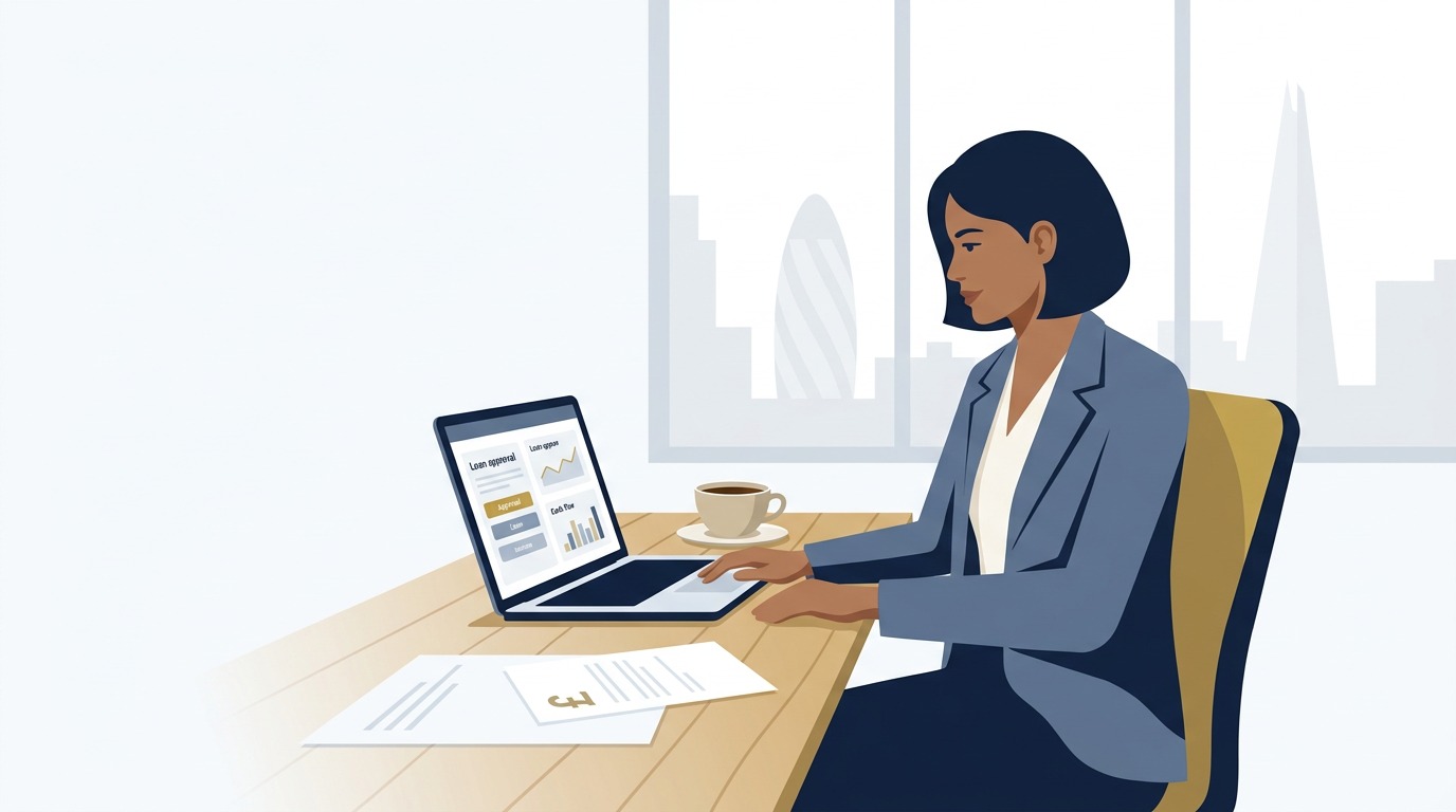 Instant business loan UK guide showing a British entrepreneur reviewing digital commercial lending options on laptop with pound sterling finance charts