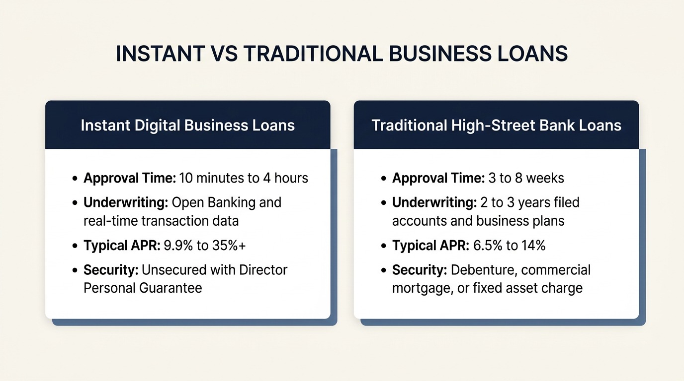 Comparison matrix showing key differences between instant fintech business loans and traditional UK high street bank commercial loans