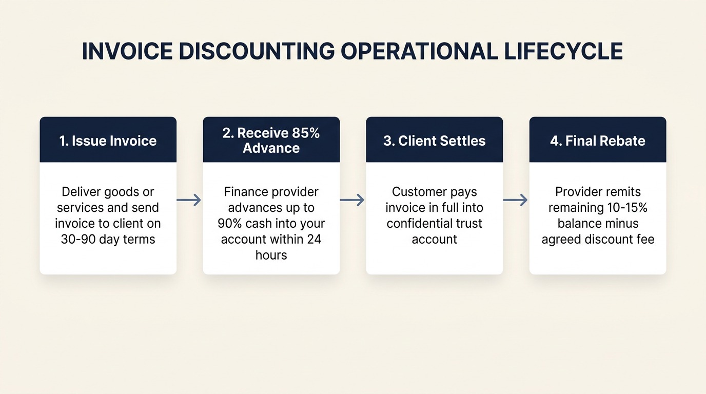 Process roadmap showing the four stages of invoice discounting from customer invoicing and 85 percent cash advance to client payment and final balance rebate