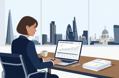 Invoice discounting UK guide showing a British commercial director reviewing confidential sales ledger finance and cash flow advances on laptop