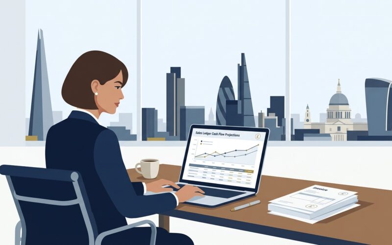 Invoice discounting UK guide showing a British commercial director reviewing confidential sales ledger finance and cash flow advances on laptop