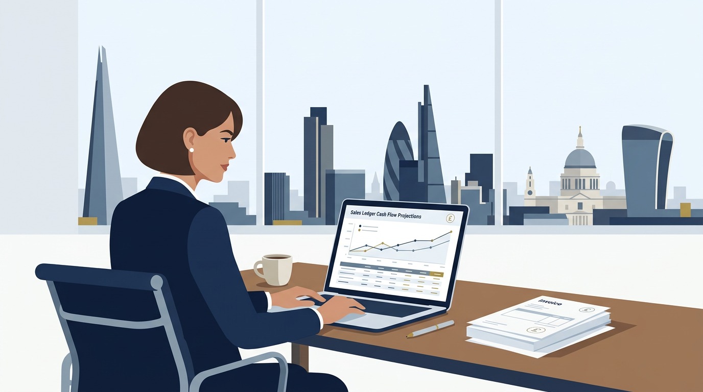 Invoice discounting UK guide showing a British commercial director reviewing confidential sales ledger finance and cash flow advances on laptop