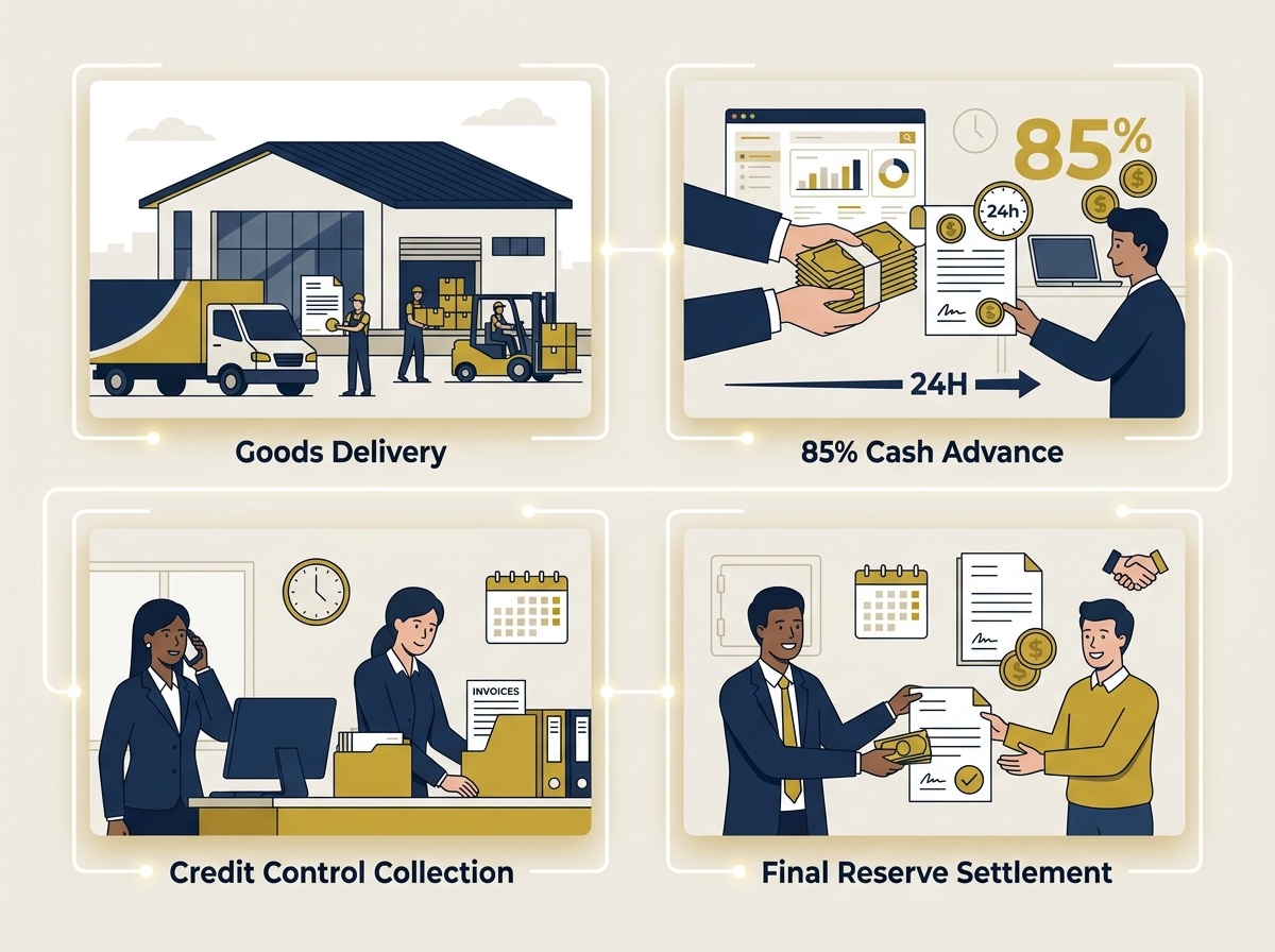 Flat vector editorial illustration showing the 4-step invoice factoring cycle: goods delivery, 85% cash advance, credit control, and final reserve settlement