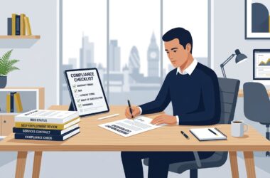 Flat vector editorial illustration of an independent contractor completing compliance review and contract checks at a desk