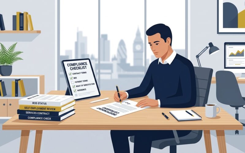 Flat vector editorial illustration of an independent contractor completing compliance review and contract checks at a desk
