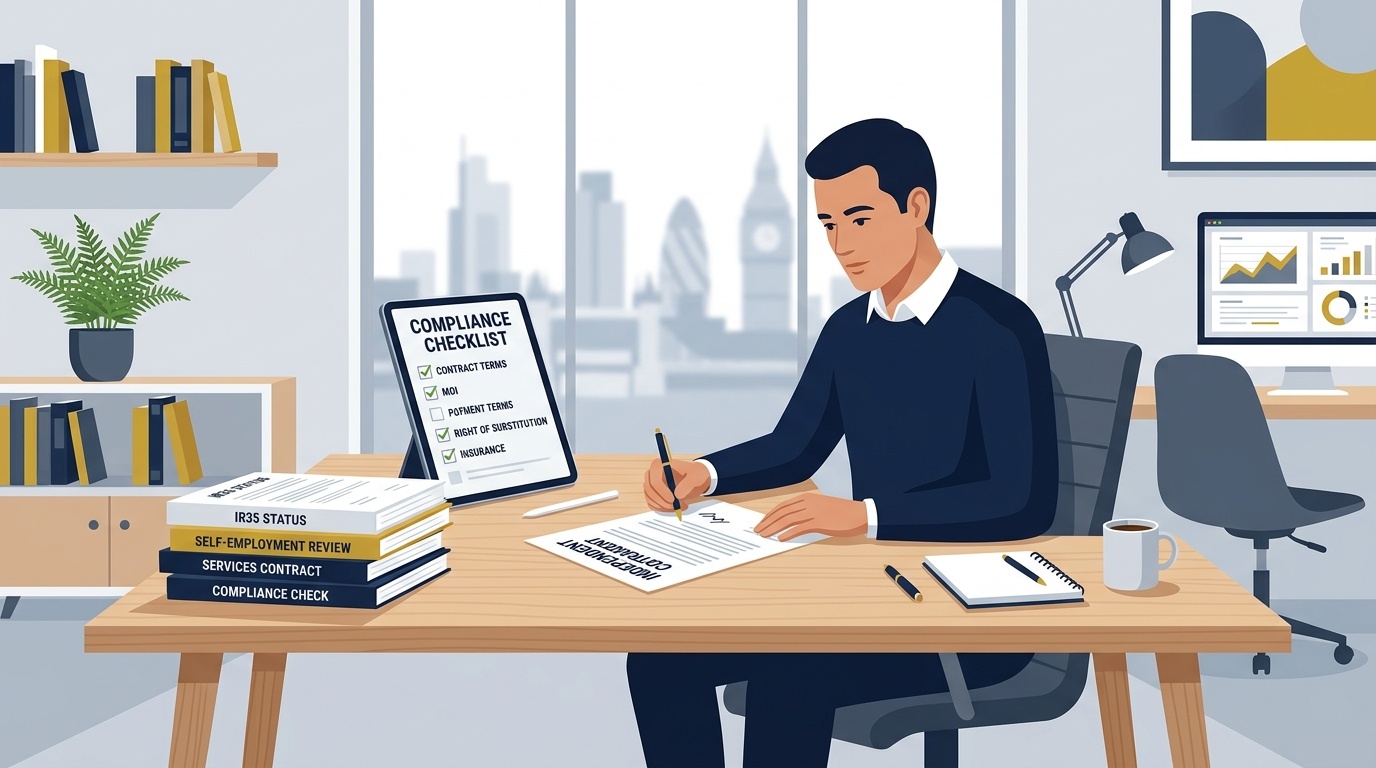 Flat vector editorial illustration of an independent contractor completing compliance review and contract checks at a desk