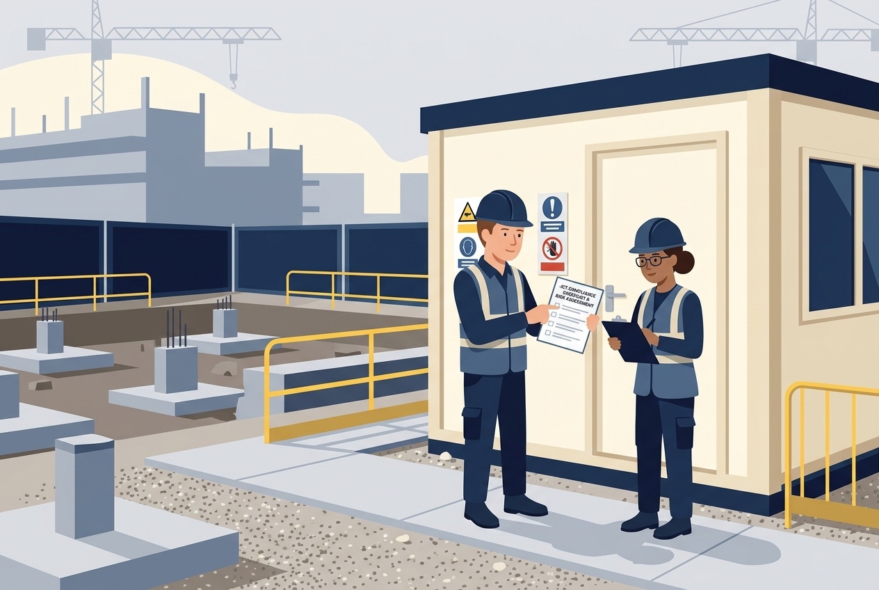 Flat vector illustration of a construction site supervisor and safety inspector reviewing JCT compliance documentation