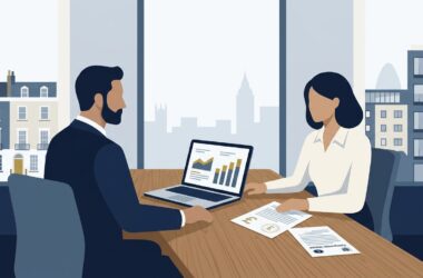 Limited company mortgage UK guide showing a British property investor and commercial mortgage broker reviewing SPV portfolio finance options on laptop