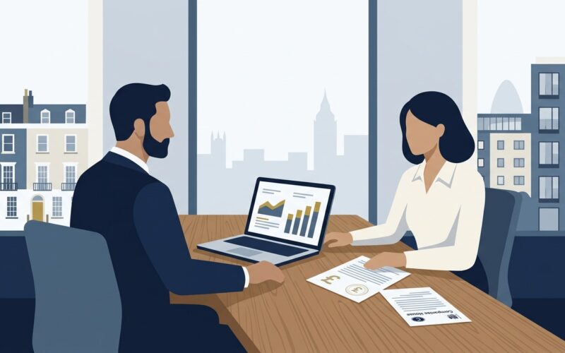 Limited company mortgage UK guide showing a British property investor and commercial mortgage broker reviewing SPV portfolio finance options on laptop
