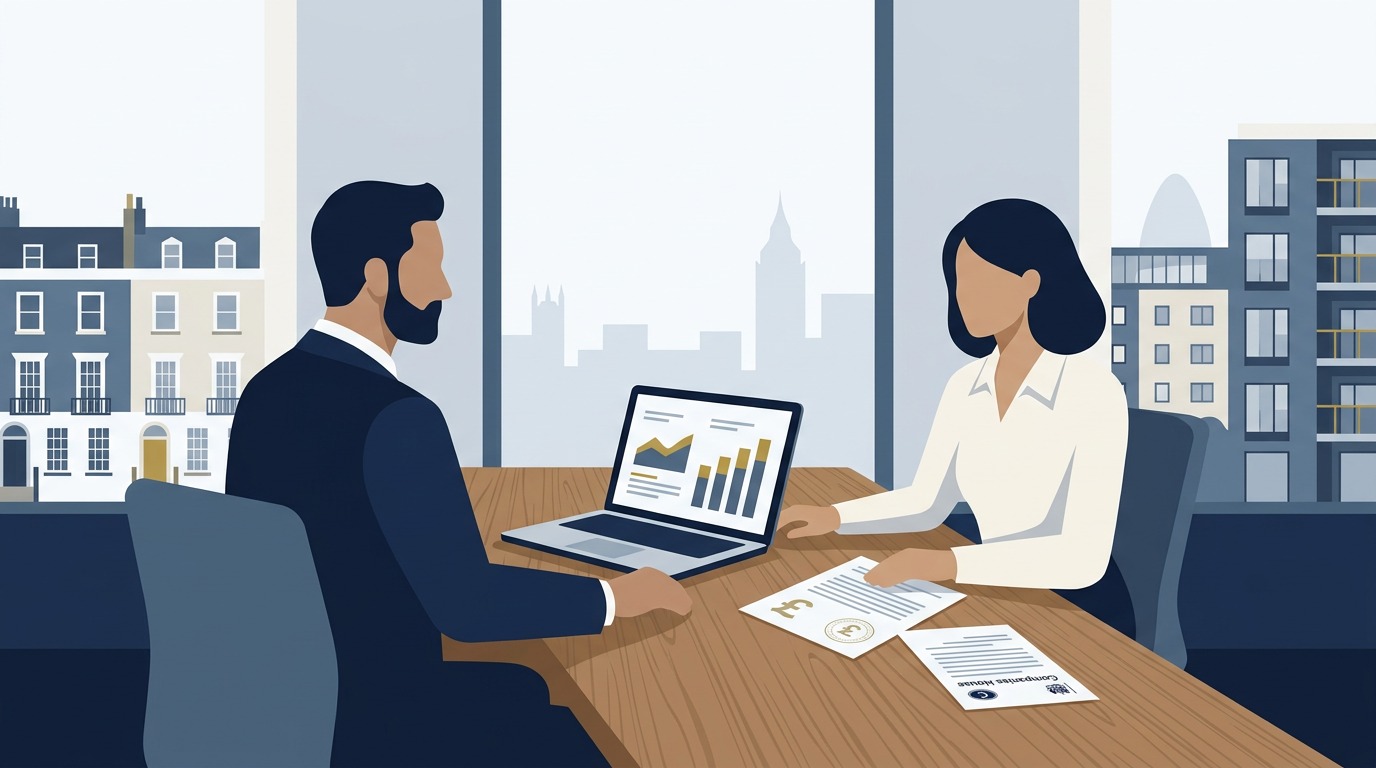 Limited company mortgage UK guide showing a British property investor and commercial mortgage broker reviewing SPV portfolio finance options on laptop