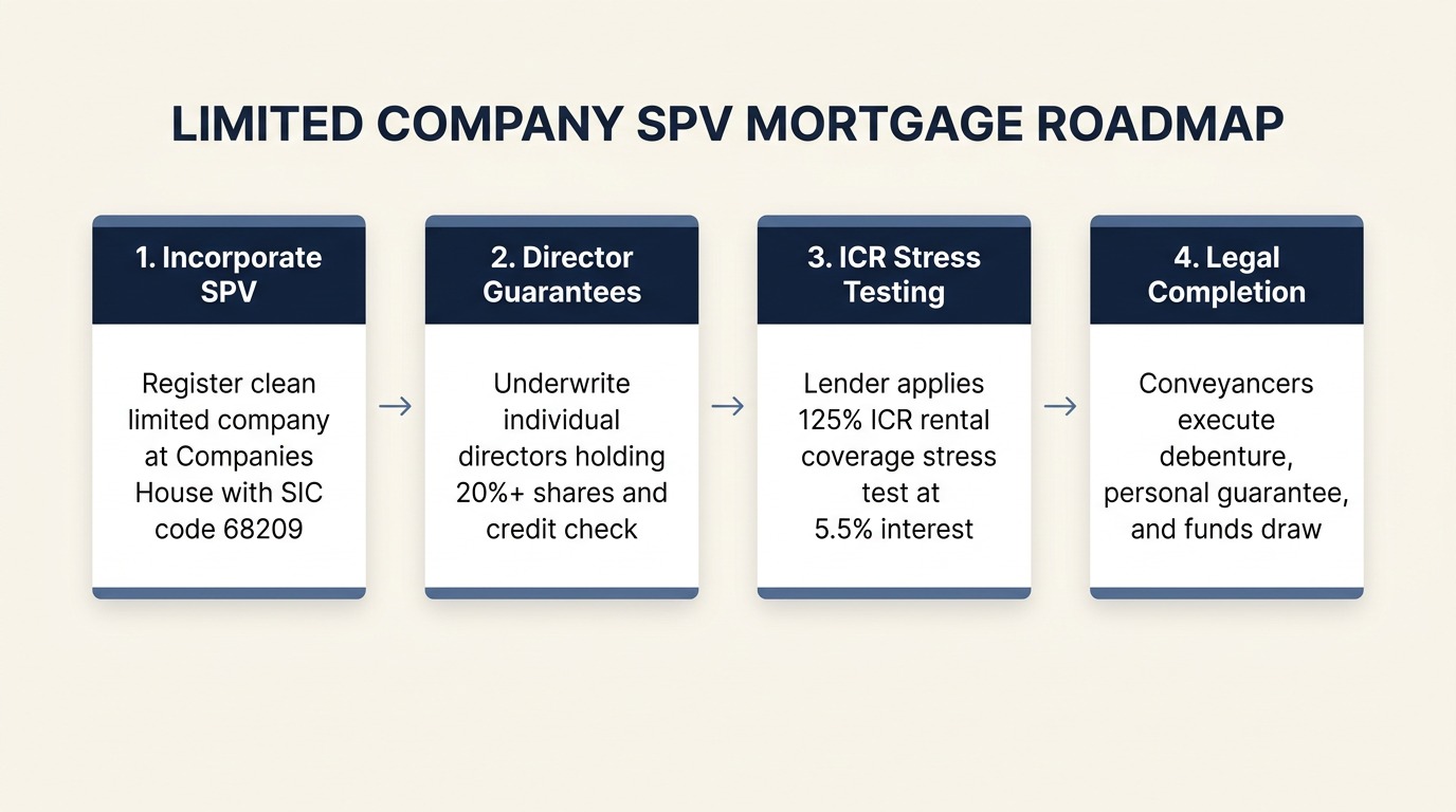 Process diagram showing the 4 steps of securing a limited company mortgage from Companies House SPV incorporation with SIC codes to ICR stress testing and completion