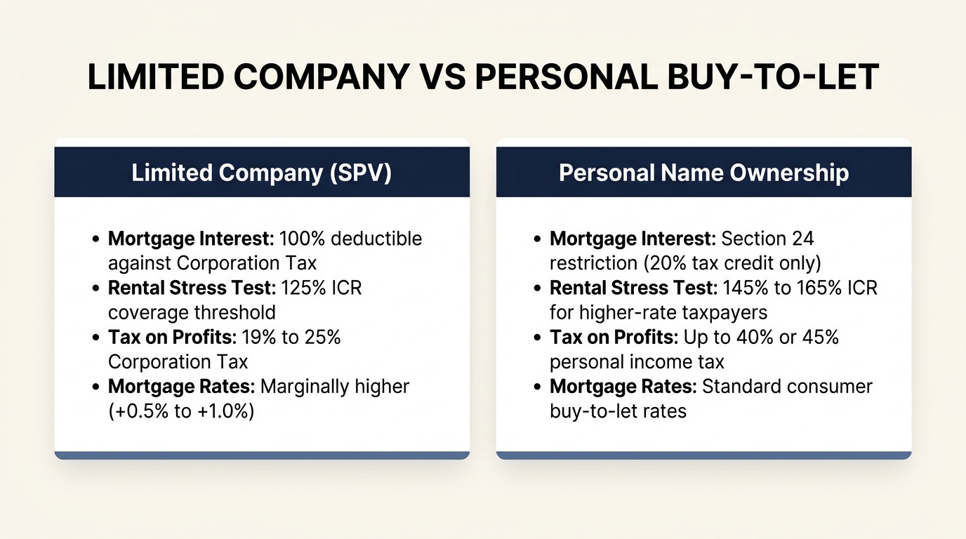 Comparison matrix showing differences between limited company SPV mortgages and individual personal name buy-to-let mortgages in the UK