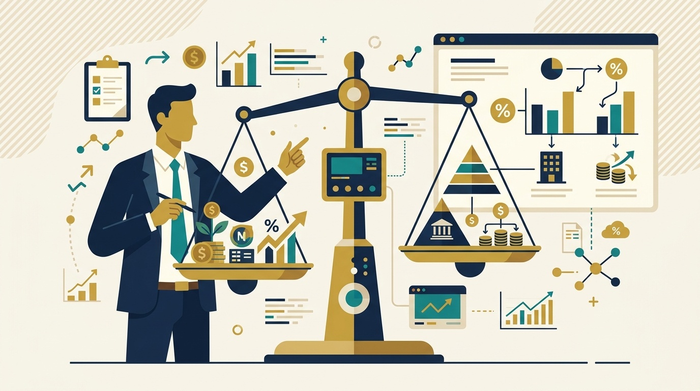 Flat vector editorial illustration comparing limited company versus sole trader tax structures on a scale