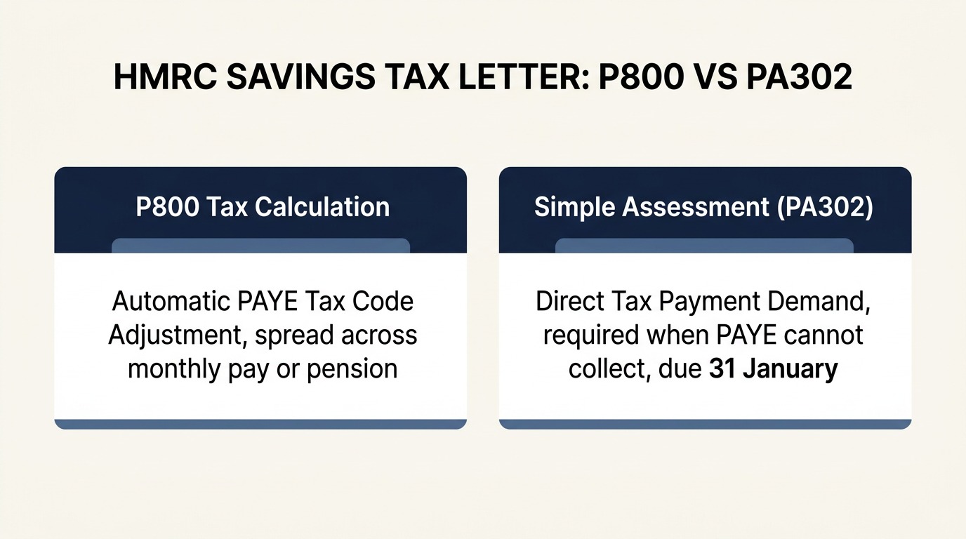 Comparison matrix between HMRC P800 tax calculation and Simple Assessment PA302 letter for untaxed savings interest