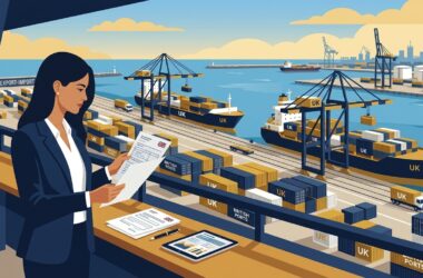 Flat vector editorial illustration of an export-import trade specialist reviewing customs paperwork at a UK container port