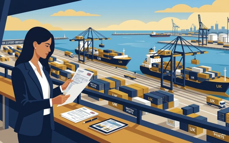Flat vector editorial illustration of an export-import trade specialist reviewing customs paperwork at a UK container port