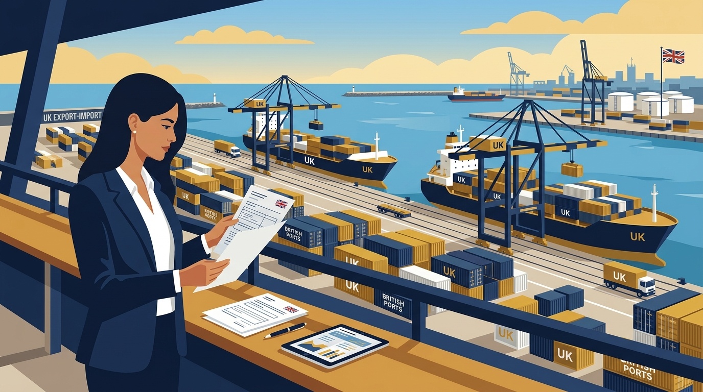 Flat vector editorial illustration of an export-import trade specialist reviewing customs paperwork at a UK container port