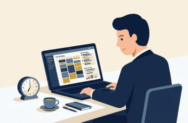 Flat vector editorial illustration of an executive managing time blocking and daily goal schedules on a laptop