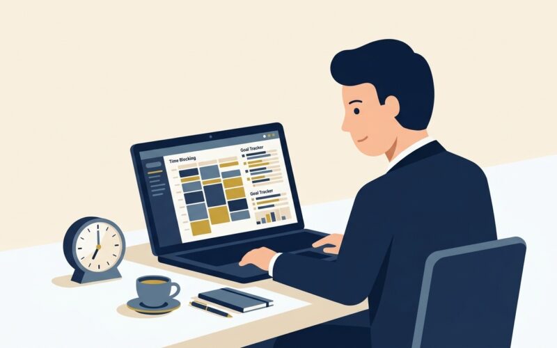 Flat vector editorial illustration of an executive managing time blocking and daily goal schedules on a laptop