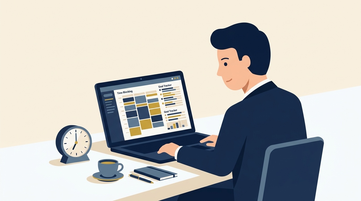 Flat vector editorial illustration of an executive managing time blocking and daily goal schedules on a laptop