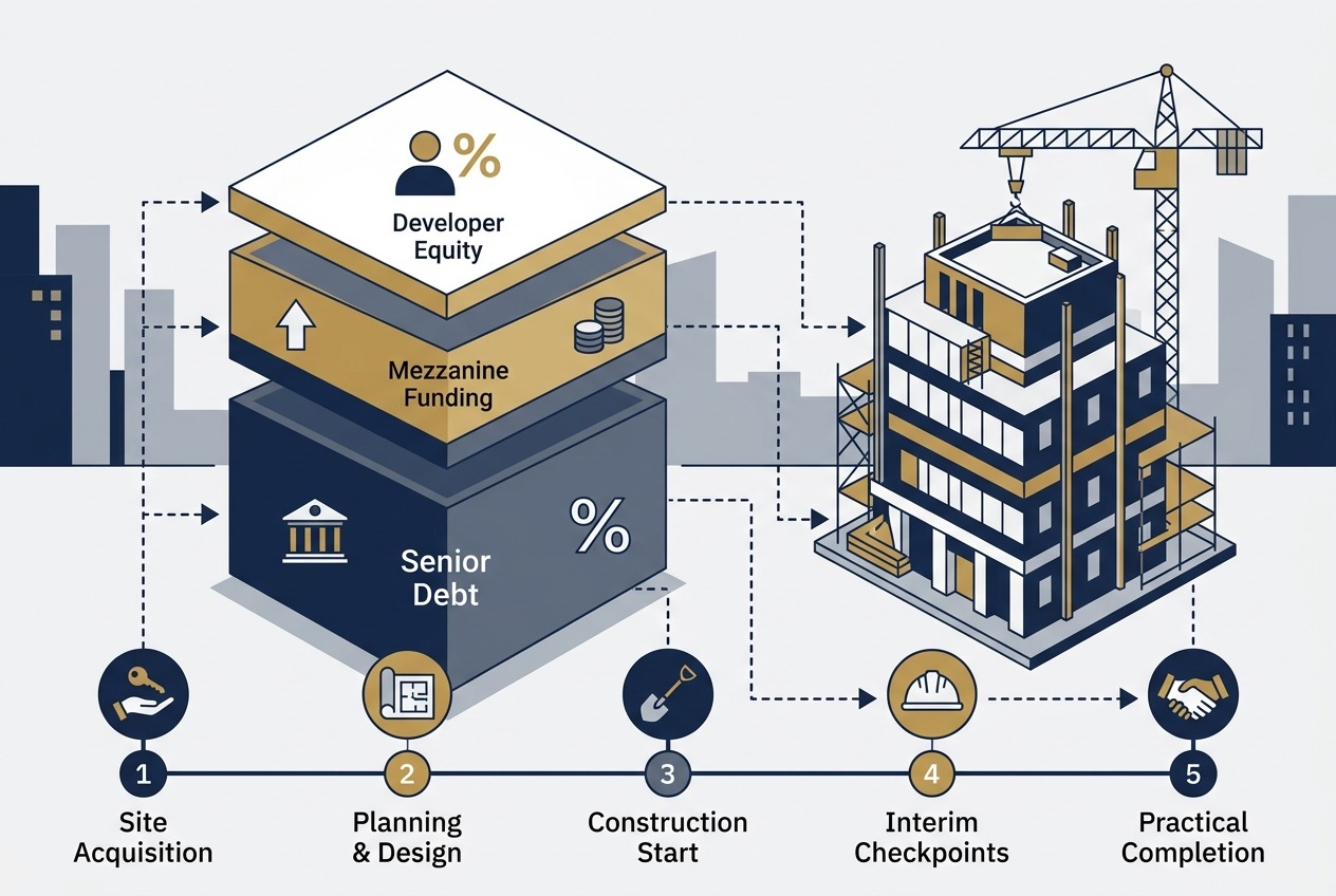 UK Property Development Capital Stack and Staged Drawdown Timeline Infographic