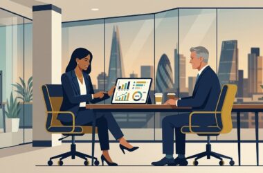 Flat vector editorial illustration of a UK talent acquisition director meeting with an RPO recruitment partner to review candidate metrics
