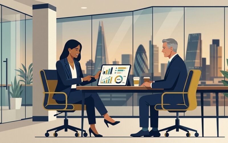 Flat vector editorial illustration of a UK talent acquisition director meeting with an RPO recruitment partner to review candidate metrics