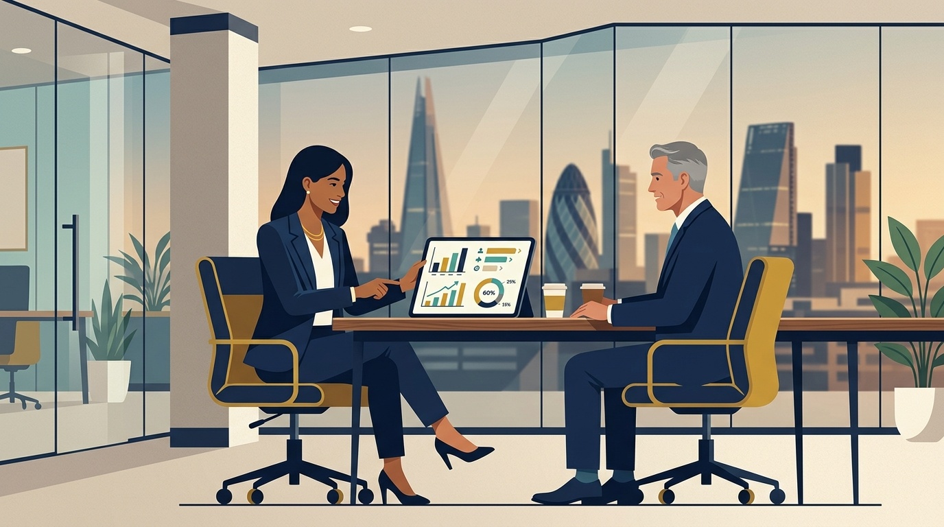 Flat vector editorial illustration of a UK talent acquisition director meeting with an RPO recruitment partner to review candidate metrics