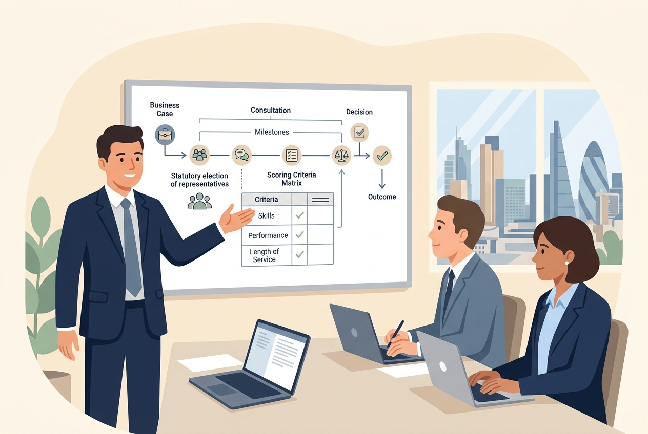 Flat vector illustration of an executive team reviewing redundancy consultation workflow milestones, statutory representative elections, and objective scoring matrices