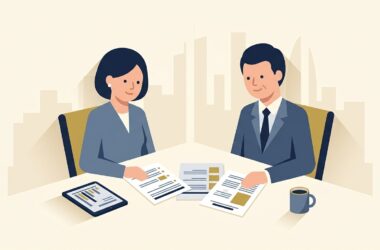 Flat vector editorial illustration of a UK HR director and senior executive reviewing an employee redundancy consultation timeline and statutory notification documents
