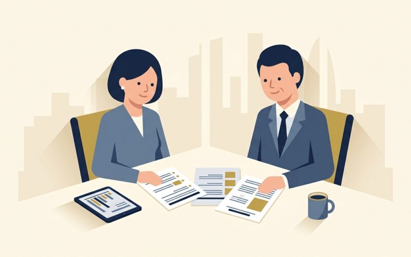 Flat vector editorial illustration of a UK HR director and senior executive reviewing an employee redundancy consultation timeline and statutory notification documents