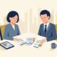 Flat vector editorial illustration of a UK HR director and senior executive reviewing an employee redundancy consultation timeline and statutory notification documents