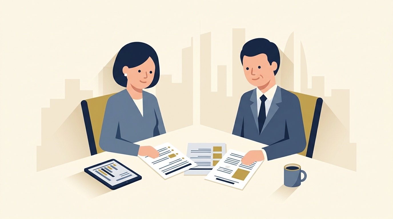 Flat vector editorial illustration of a UK HR director and senior executive reviewing an employee redundancy consultation timeline and statutory notification documents