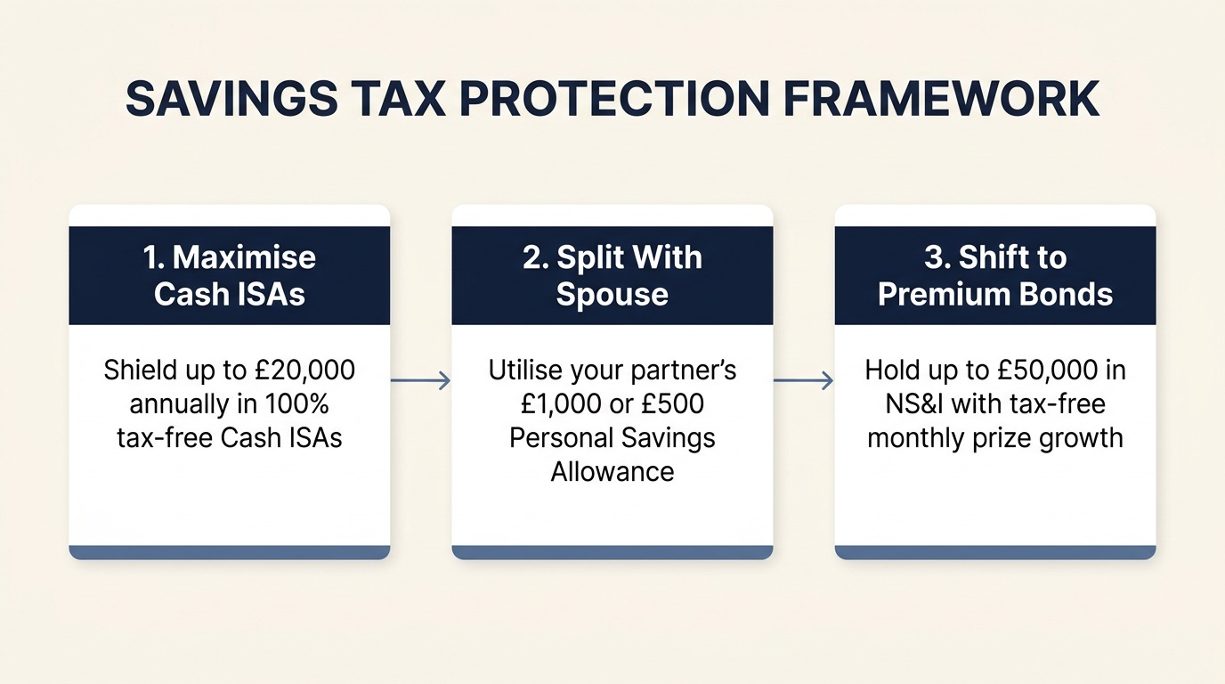Process diagram showing the 3 steps to protect savings accounts from HMRC tax crackdown through ISAs, spouse allowances, and pension contributions