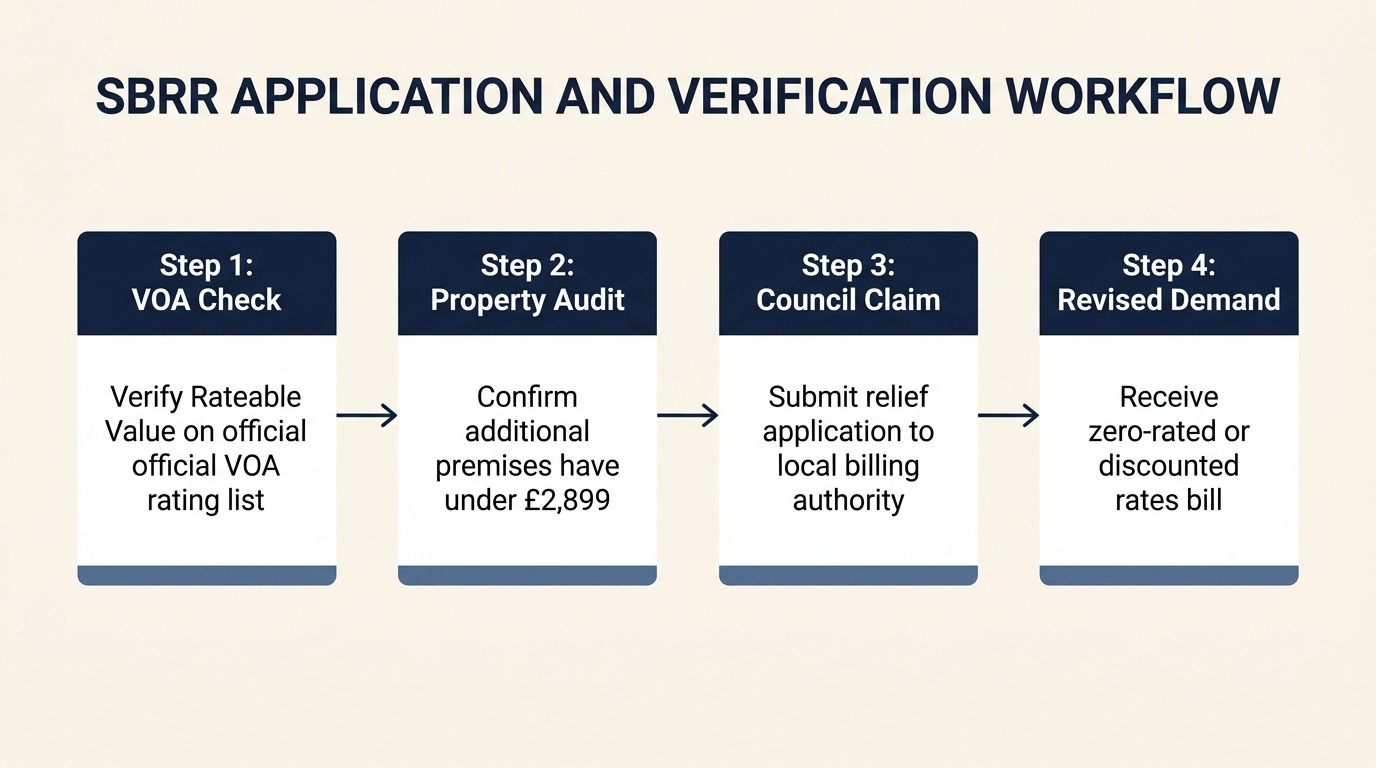 Four-step process workflow for claiming UK small business rates relief across VOA check, property audit, council claim, and revised demand