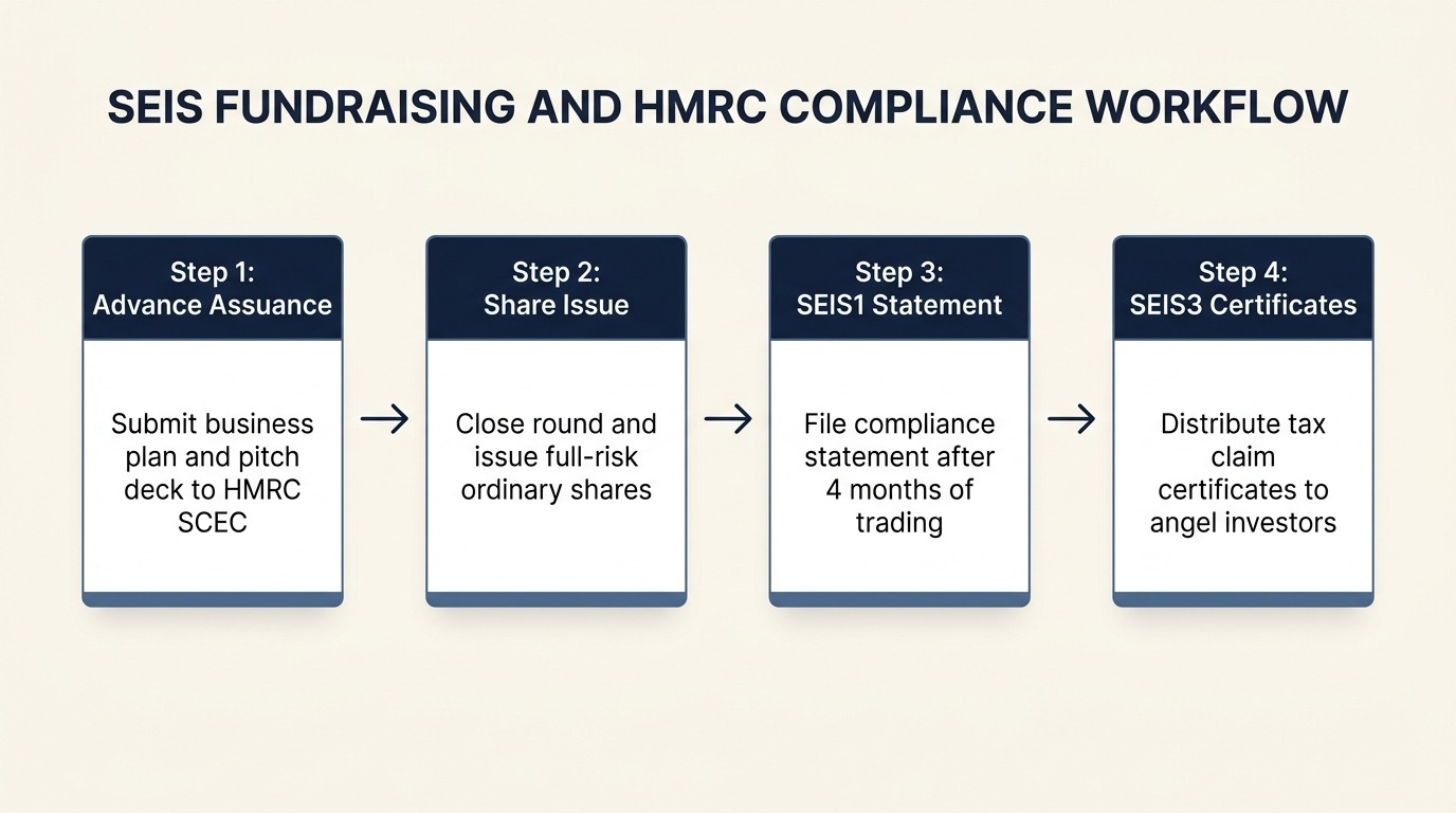 Four-step process workflow for completing SEIS fundraising across Advance Assurance, share issue, SEIS1 compliance statement, and SEIS3 certificates