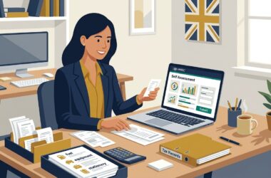Flat vector editorial illustration of a sole trader submitting Self Assessment tax return online on HMRC portal