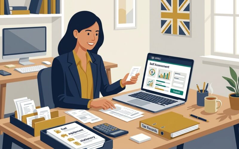 Flat vector editorial illustration of a sole trader submitting Self Assessment tax return online on HMRC portal