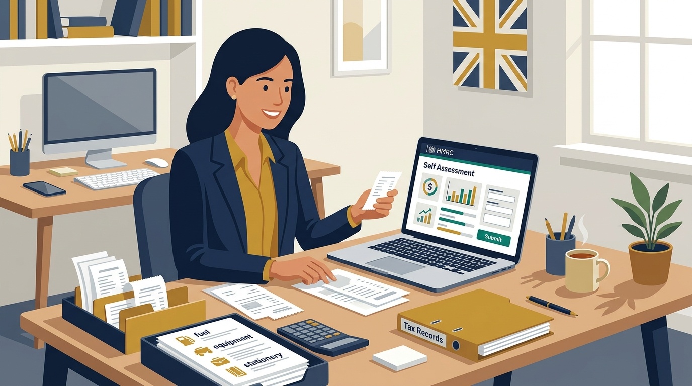 Flat vector editorial illustration of a sole trader submitting Self Assessment tax return online on HMRC portal