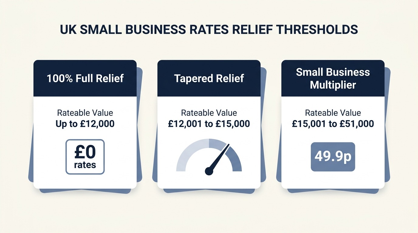 Infographic showing UK small business rates relief rateable value thresholds from 100 percent relief under 12000 pounds to tapered relief up to 15000 pounds