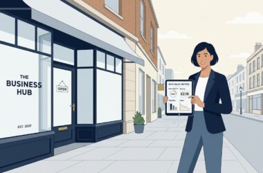 Small business rates relief UK guide showing small business owner analyzing commercial property rateable values and local council relief